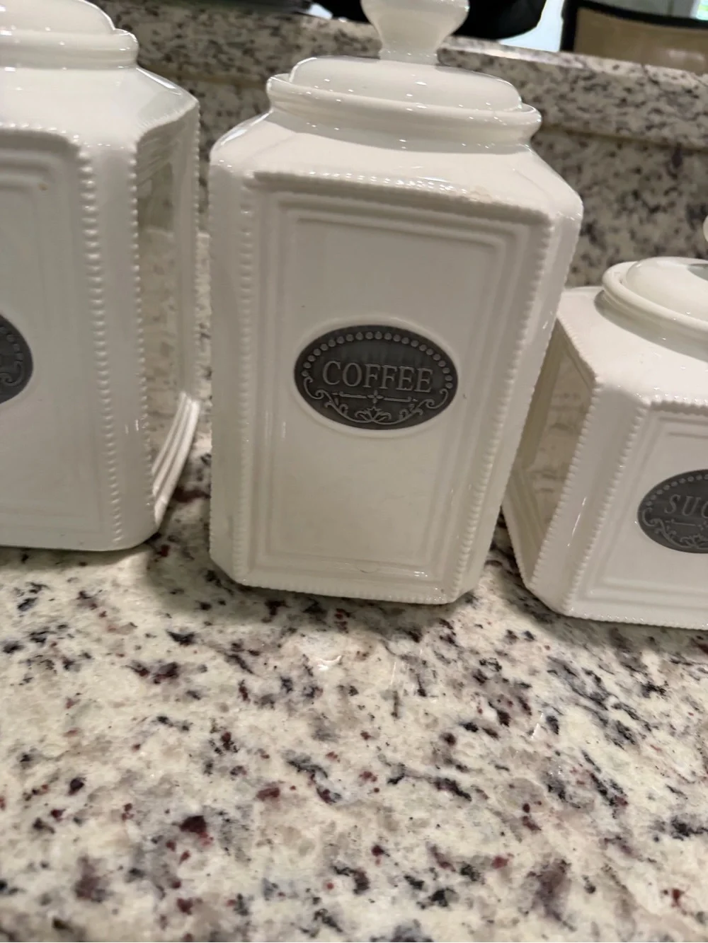 White Ceramic Coffee Canisters with Decorative Metal Label (3)